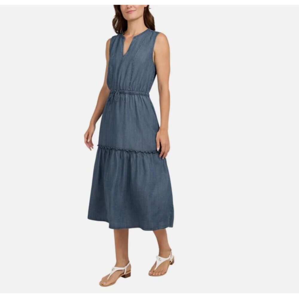 Lands' End Ladies' Tiered Midi Dress, Blue Denim - Picture 3 of 4
